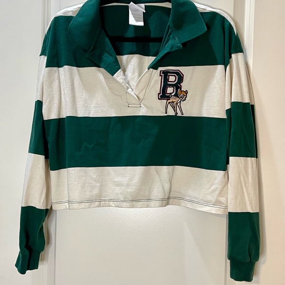 Disney Tops - Disney Bambi Cropped Rugby Shirt Long Sleeve Green & White Striped Size Large
